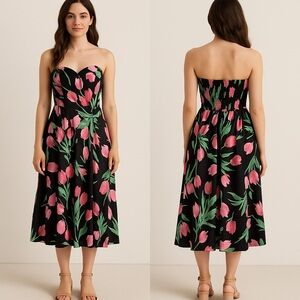 Vintage Willow‎ Ridge Black Floral Taffeta Strapless Drop Waist Dress Sz. 12